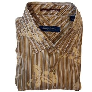 Tommy Bahama Silk Blend Button Up Floral Striped Shirt Men's Large Oxford Collar